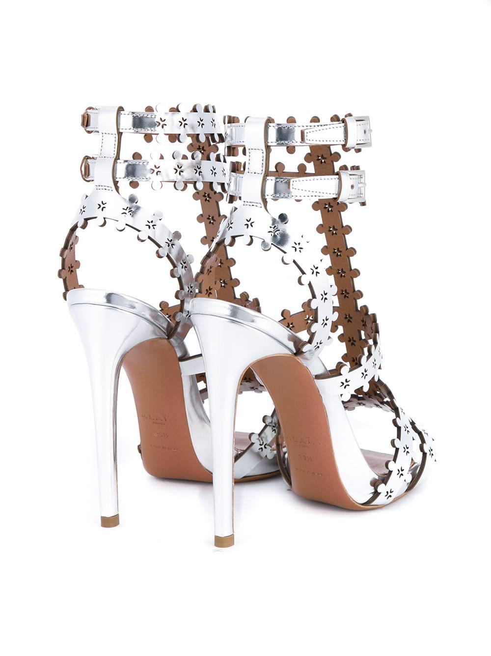 Alaia NEW Silver Cut Out Leather High Heels Stilettos Strappy Sandals in Box  1