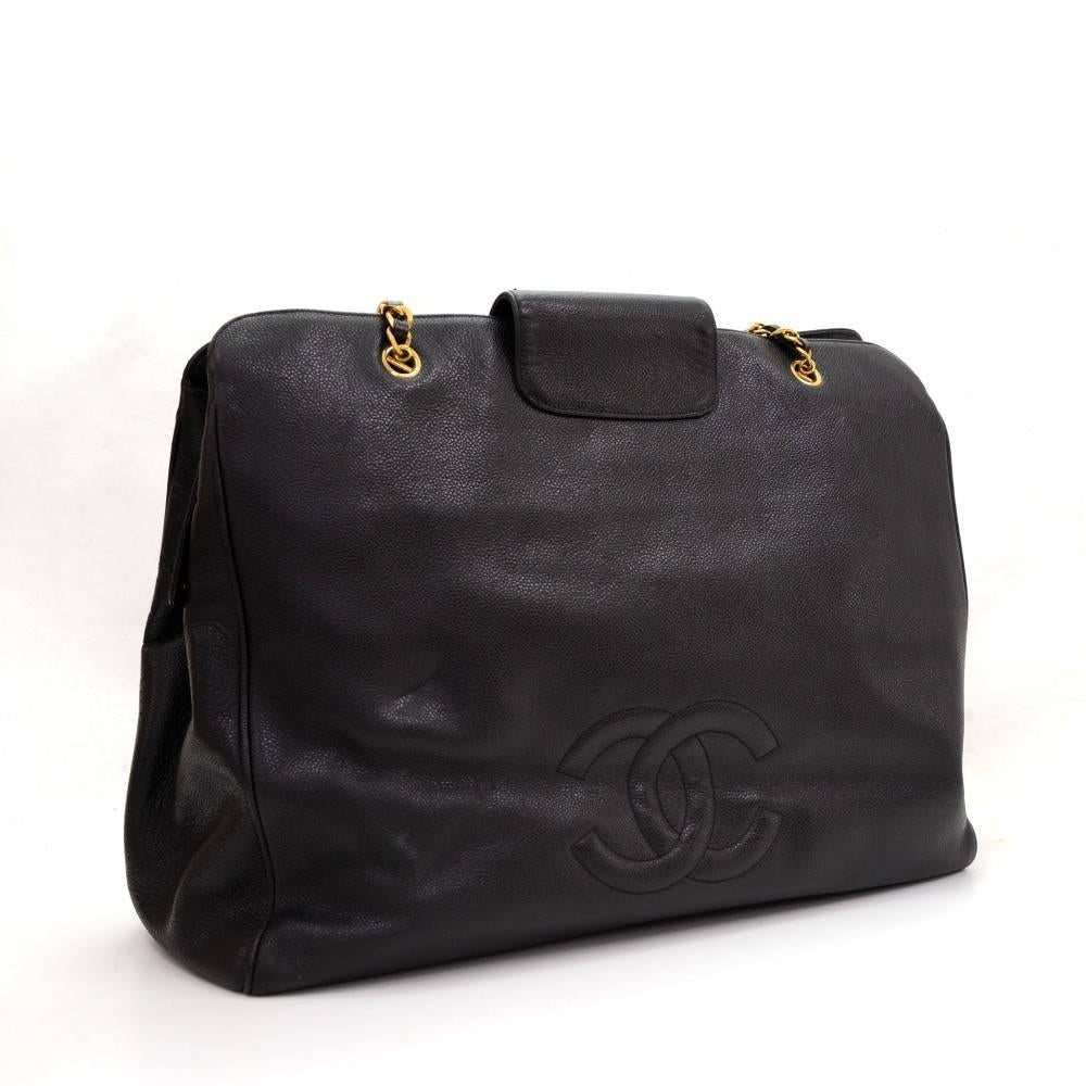 Women's Chanel Vintage Black Caviar Gold Weekender Travel Shopper Tote Flap Shoulder Bag