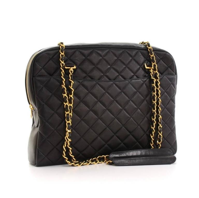 Chanel Vintage Quilted Black Lambskin Leather Gold Chain Large Shoulder ...