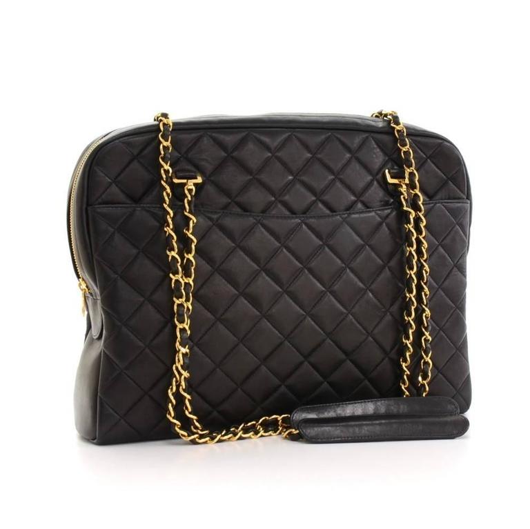 Chanel Vintage Quilted Black Lambskin Leather Gold Chain Large Shoulder Bag at 1stDibs