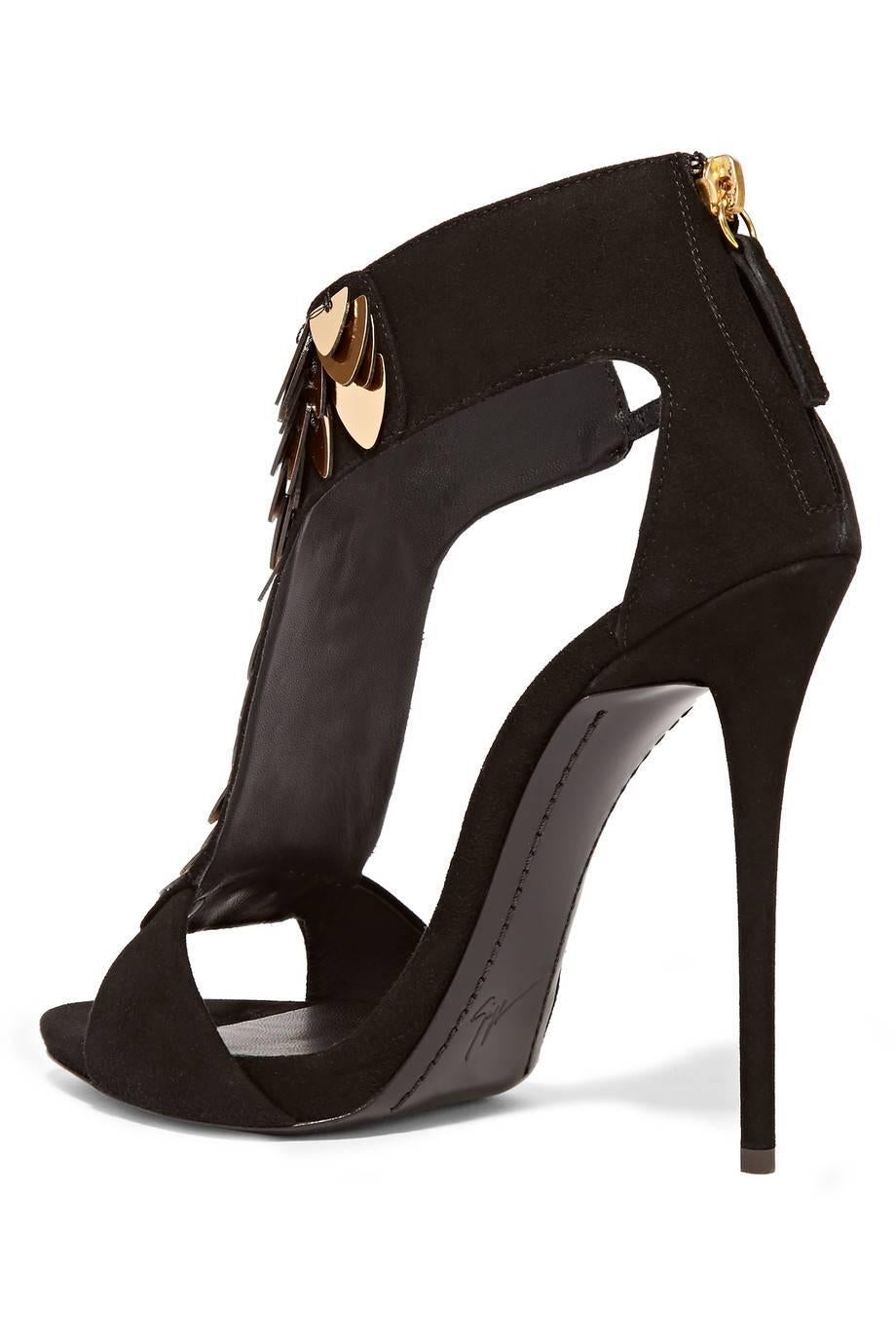 Women's Giuseppe Zanotti NEW Black Suede Gold Sequin High Heels Sandals