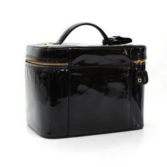 Chanel RARE Black Patent Leather Large Jewelry Travel Beauty Case Top Handle Bag