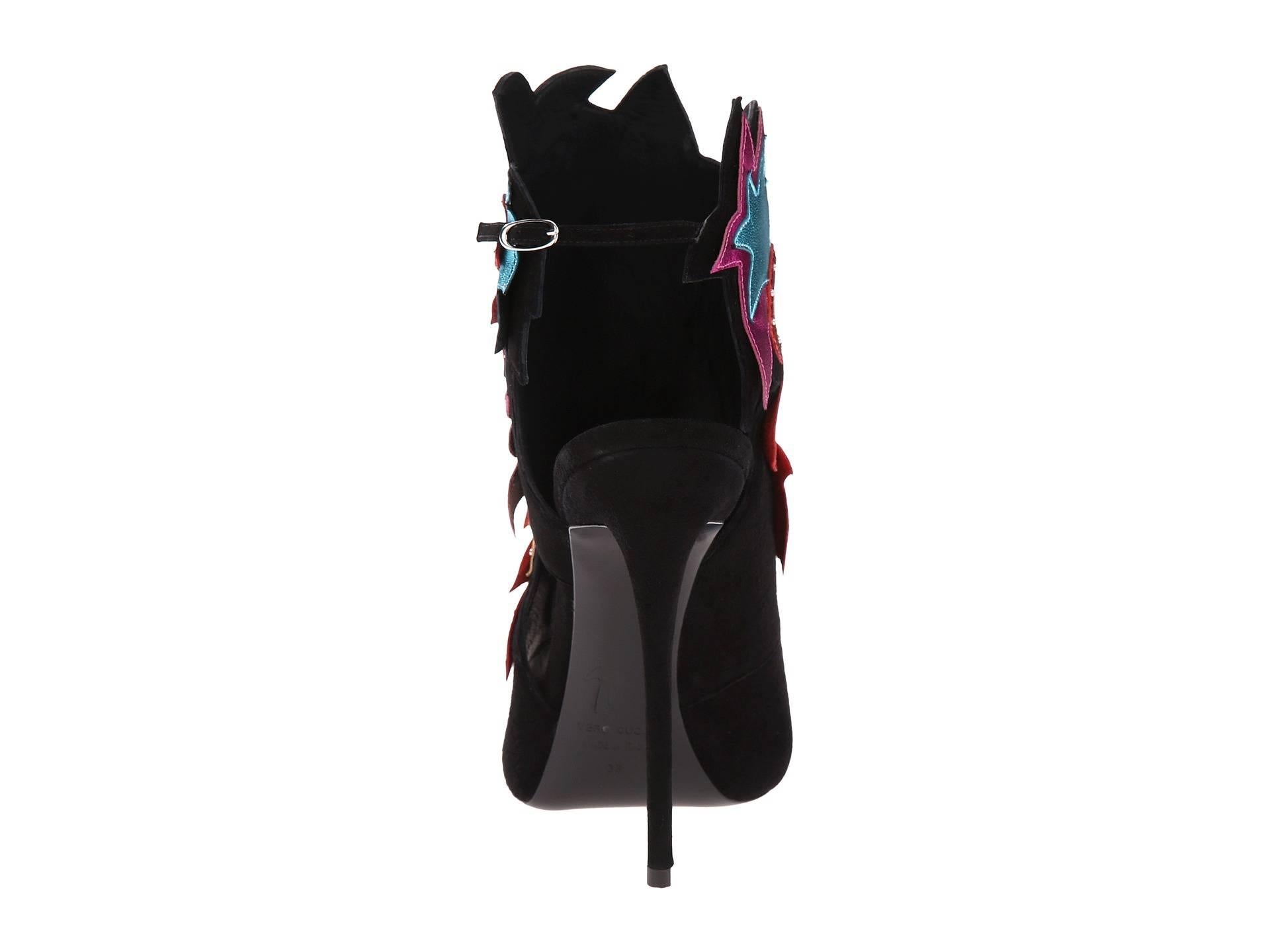 Women's Giuseppe Zanotti NEW Black Suede Leather Multi Color Flower Stud Heels in Box