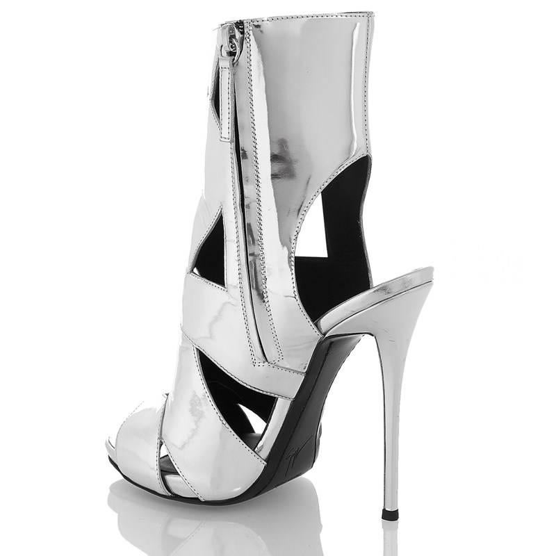 Women's Giuseppe Zanotti NEW Silver Leather Cut Out Mirror High Heels Sandals in Box