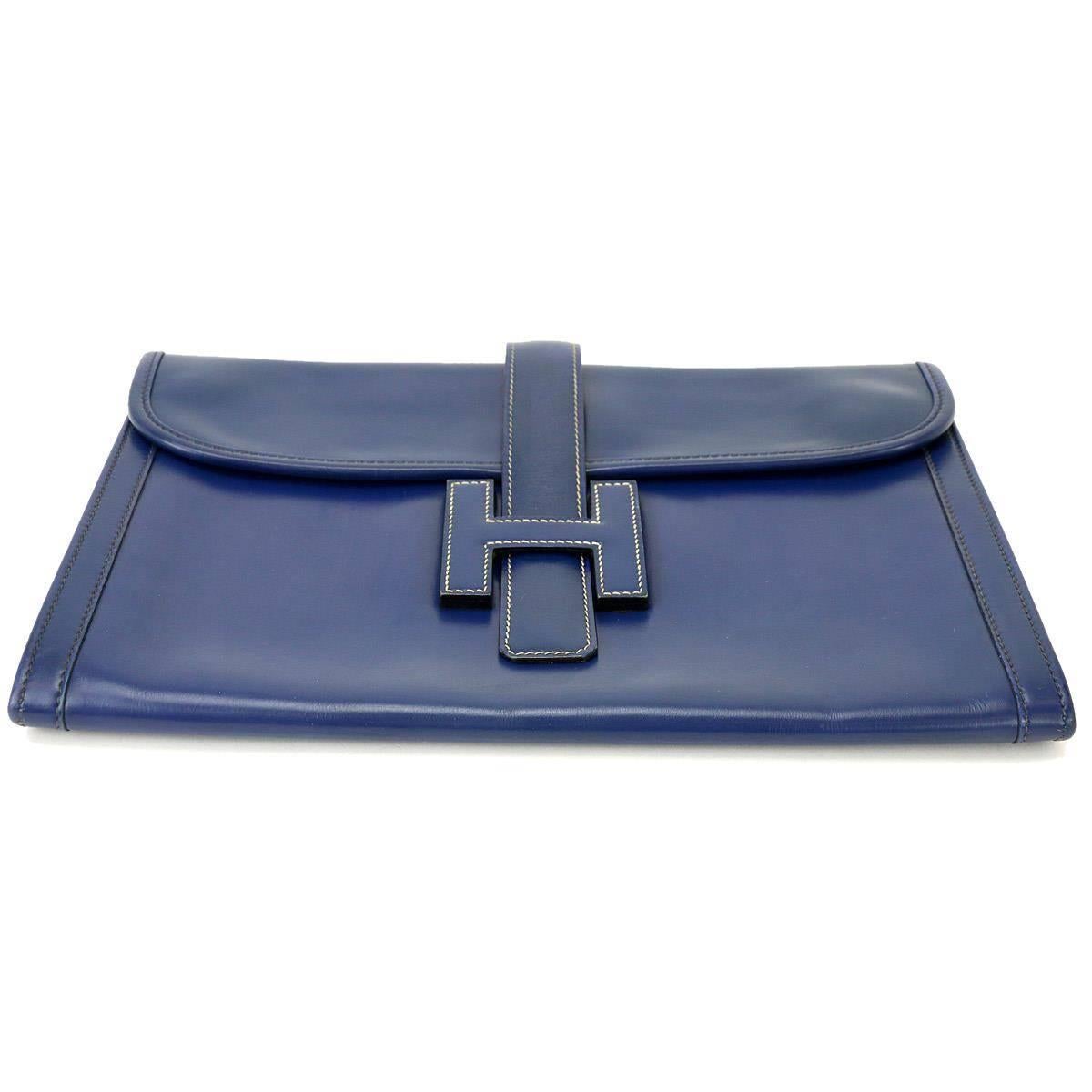 Hermes Blue Calfskin Leather Jige 'H' Evening Envelope Clutch Bag In Good Condition In Chicago, IL