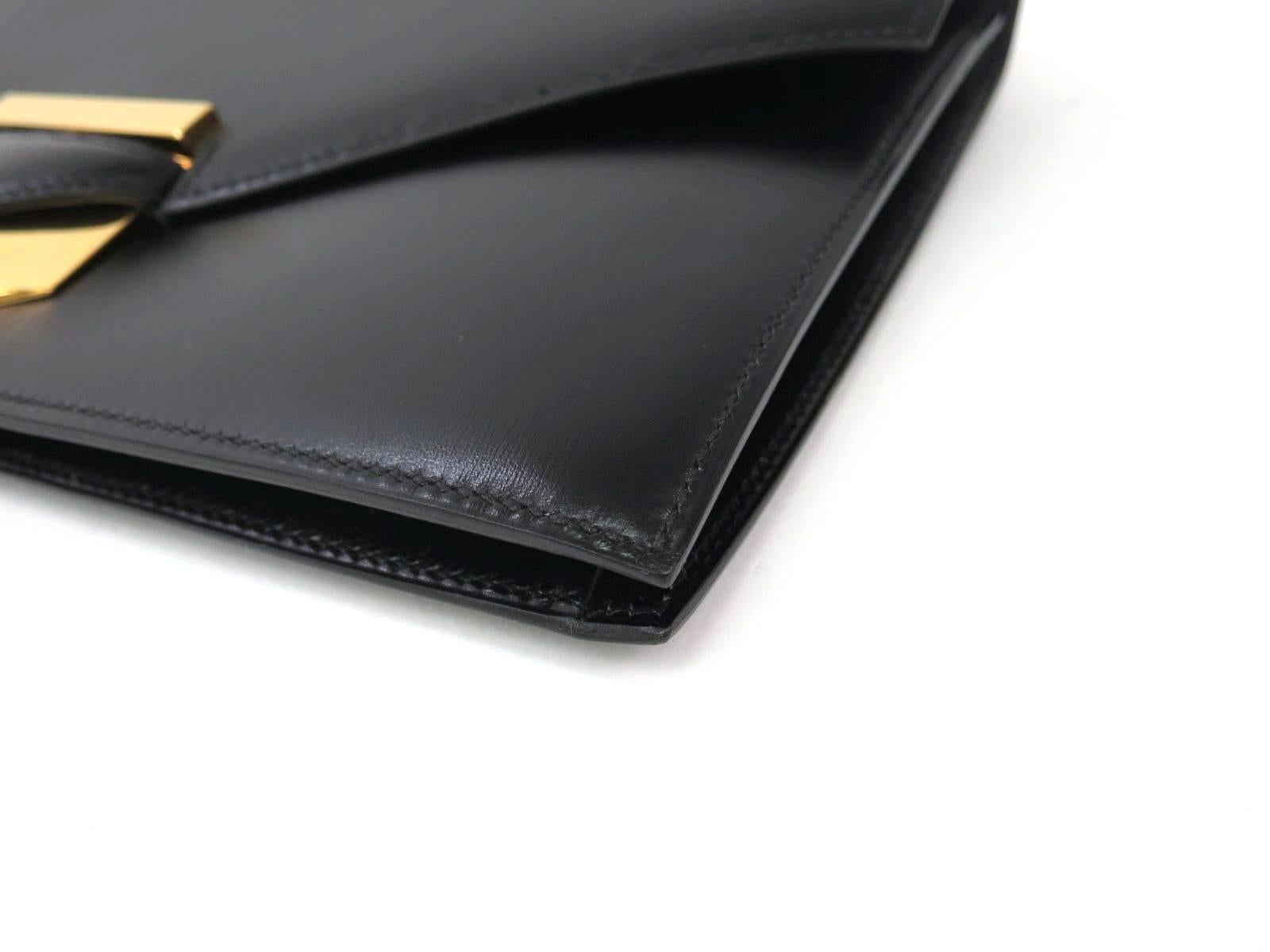 Hermes RARE Vintage Black Leather Gold Hardware Envelope Clutch Bag In Excellent Condition In Chicago, IL