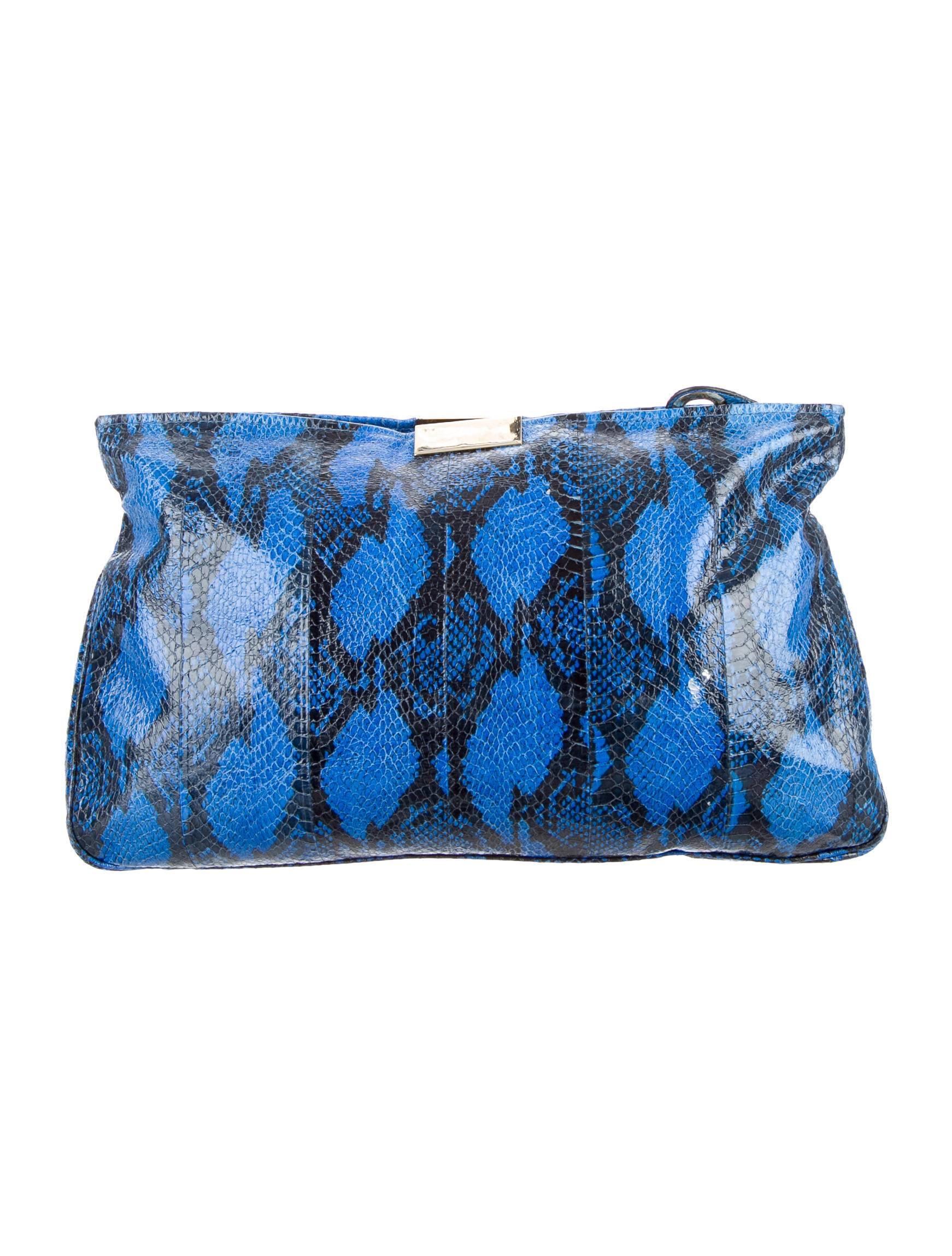 Jimmy Choo Electric Blue Black Snake Leather Envelope Pouch Clutch Bag In Good Condition In Chicago, IL