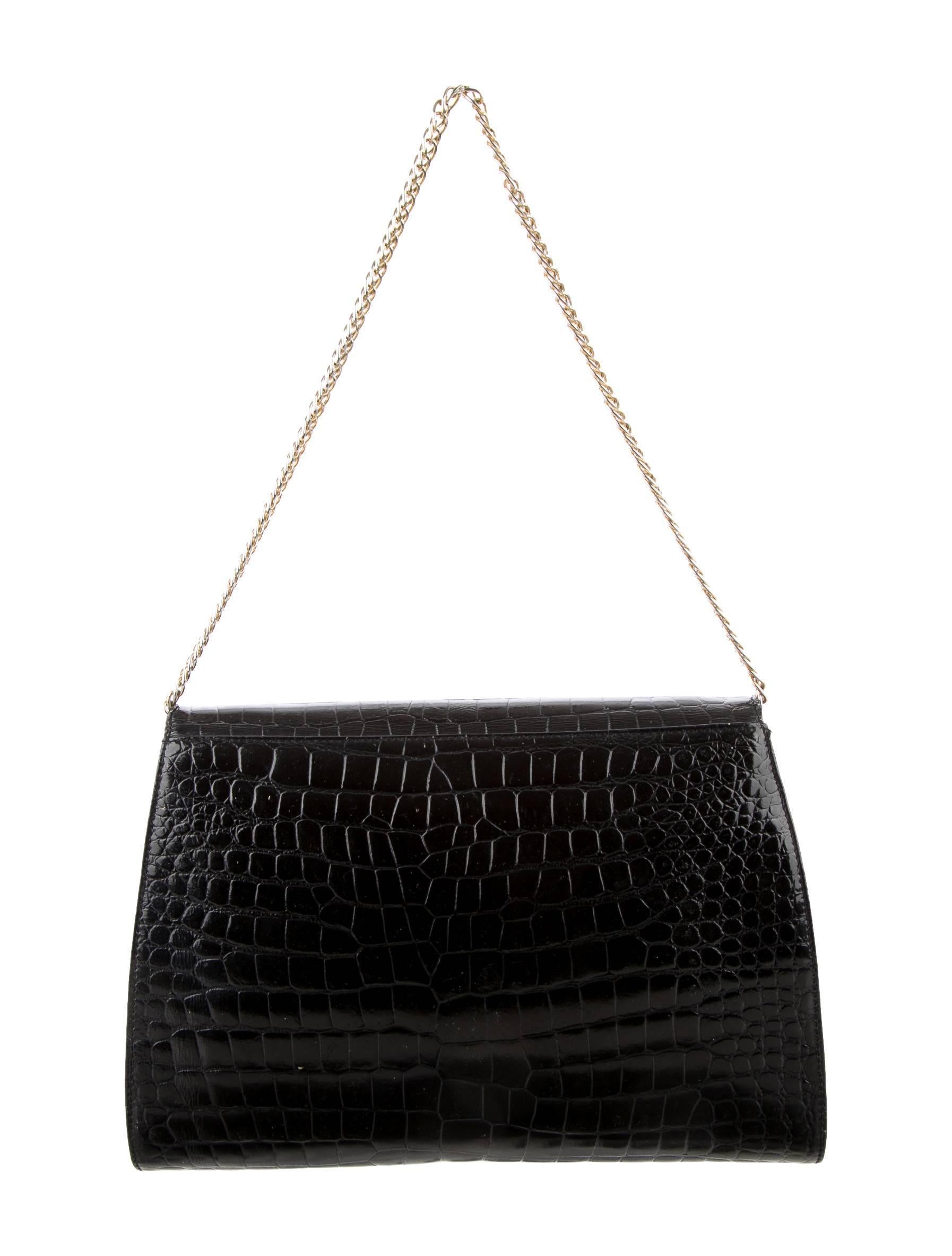 Women's Fendi Rare Black Crocodile Leather Gold Chain Flap Shoulder Bag