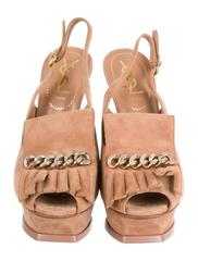 YSL NEW Nude Tan Suede Gold Chain Peep Toe Platform Sandals Pumps in Box