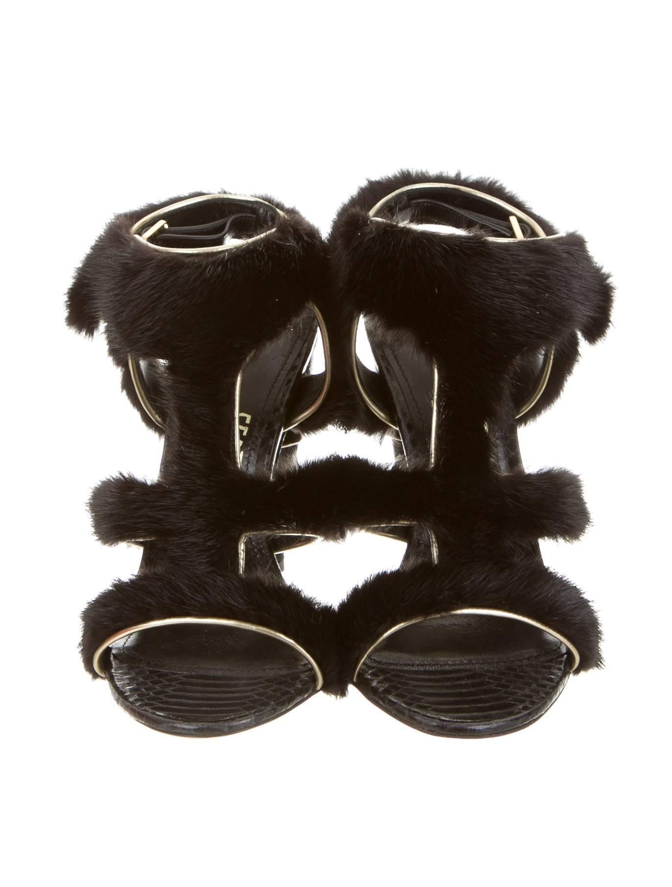 Women's Salvatore Ferragamo NEW & RARE Black Mink Python Cut Out Sandals Heels in Box