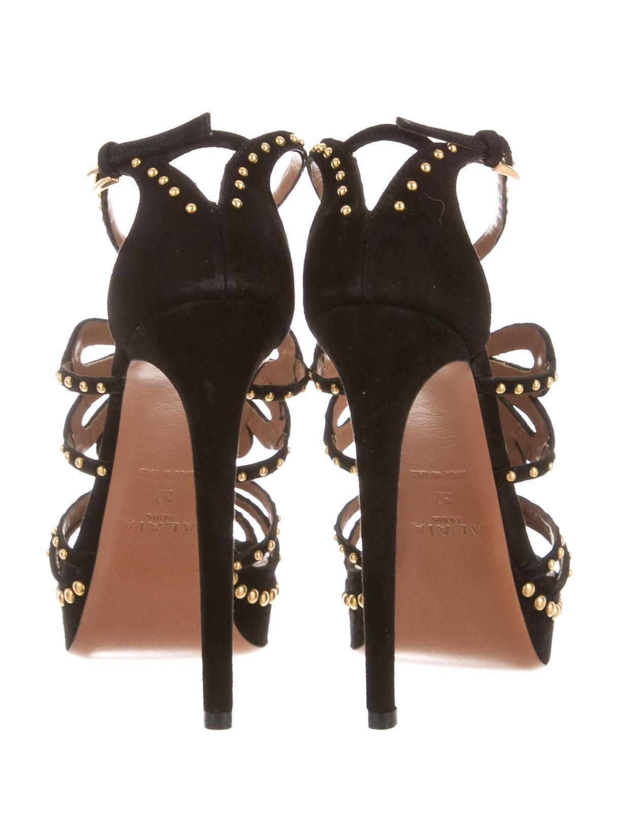 Alaia NEW & SOLD OUT Black Suede Gold Bead Laser Cut Out Sandals Heels in Box 1