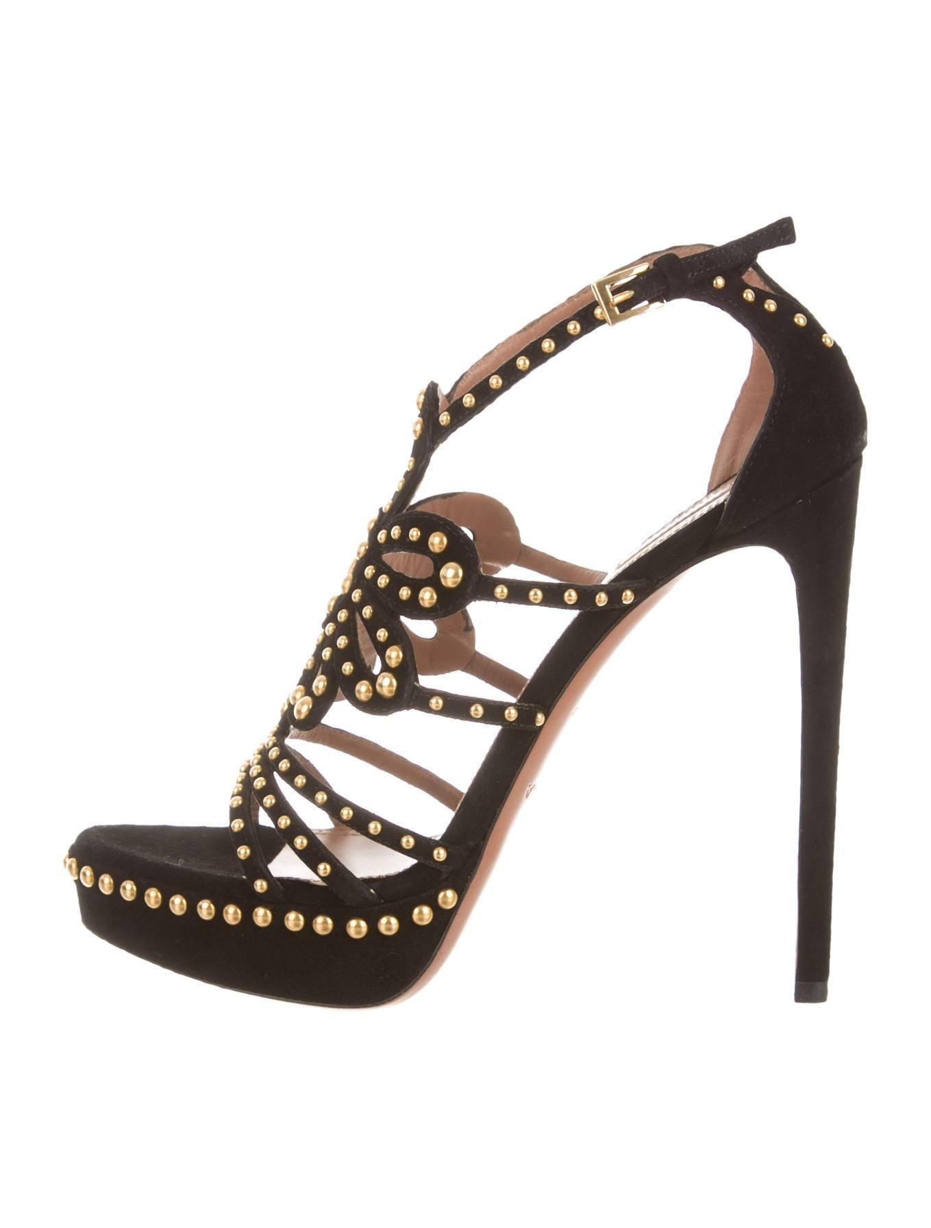 Women's Alaia NEW & SOLD OUT Black Suede Gold Bead Laser Cut Out Sandals Heels in Box