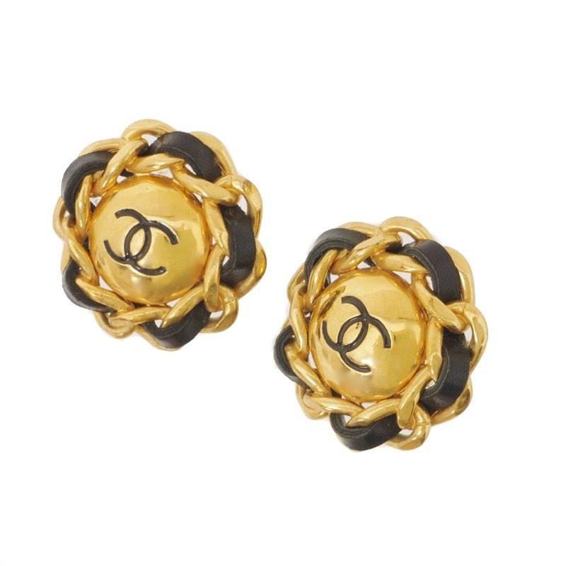 Chanel Vintage RARE Gold Chain Black Leather Large Oversize Earrings In Good Condition In Chicago, IL
