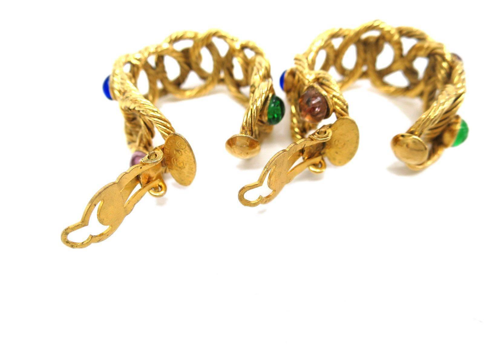 Chanel Vintage Gold Rainbow Colorful Gripoix Chain Hoop Dangle Earrings In Good Condition In Chicago, IL