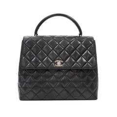 Chanel RARE Black Lambskin Silver HW Kelly Top Handle Satchel Bag W/ Accessories