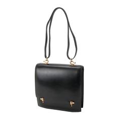 Vintage Hermes RARE Black Leather Gold Accent Two in One Clutch Shoulder Bag in Box