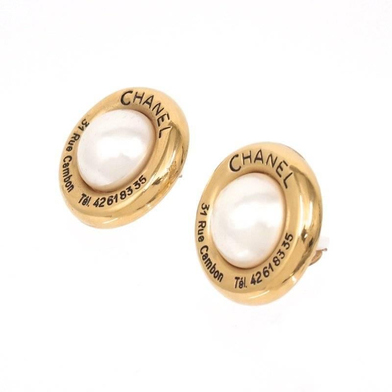 Chanel Vintage Gold Pearl Rue Telephone Number Large Button Earrings ...