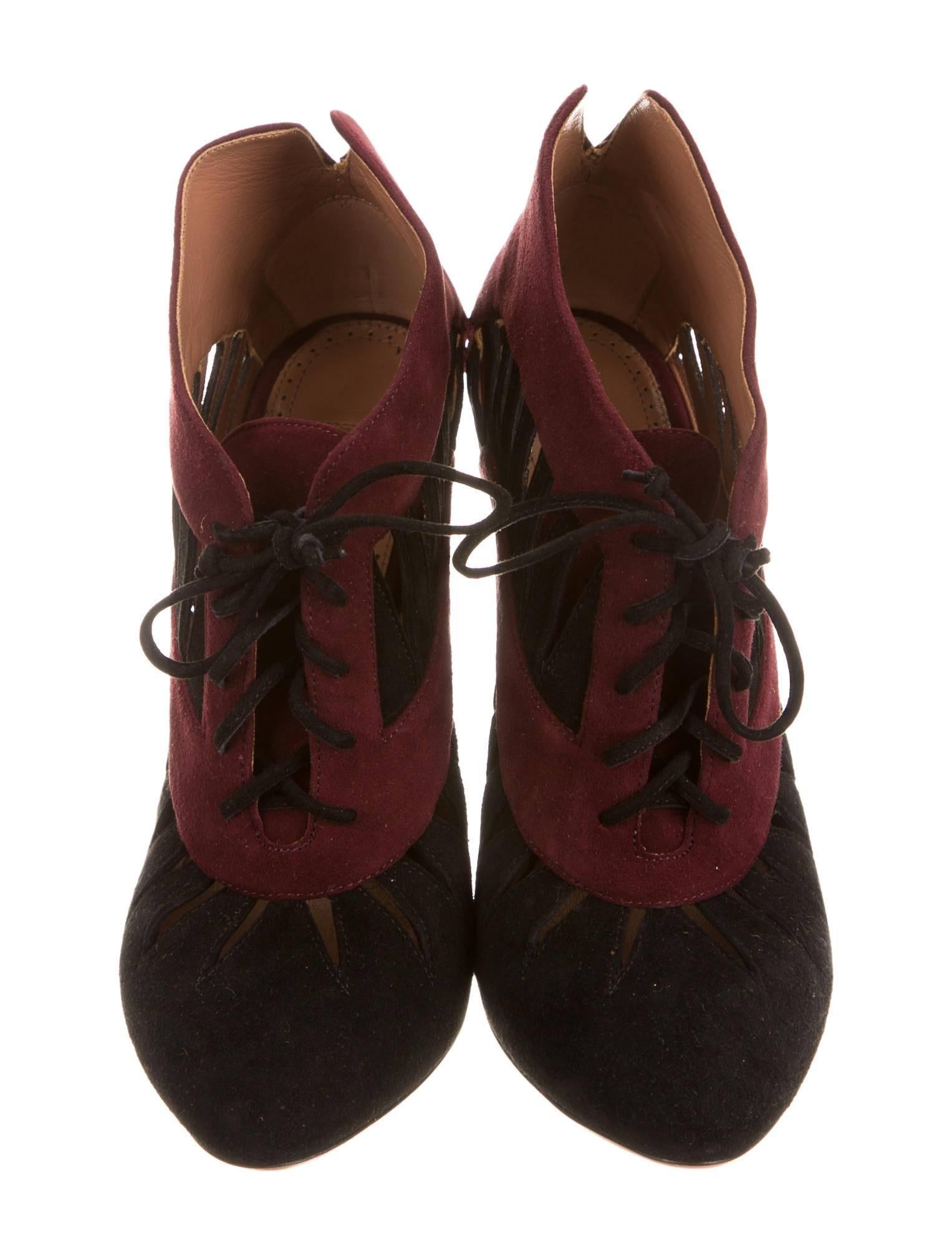Women's Alaia NEW & SOLD OUT Burgundy Black SuedeCut Out Lace Up Ankle Booties in Box 