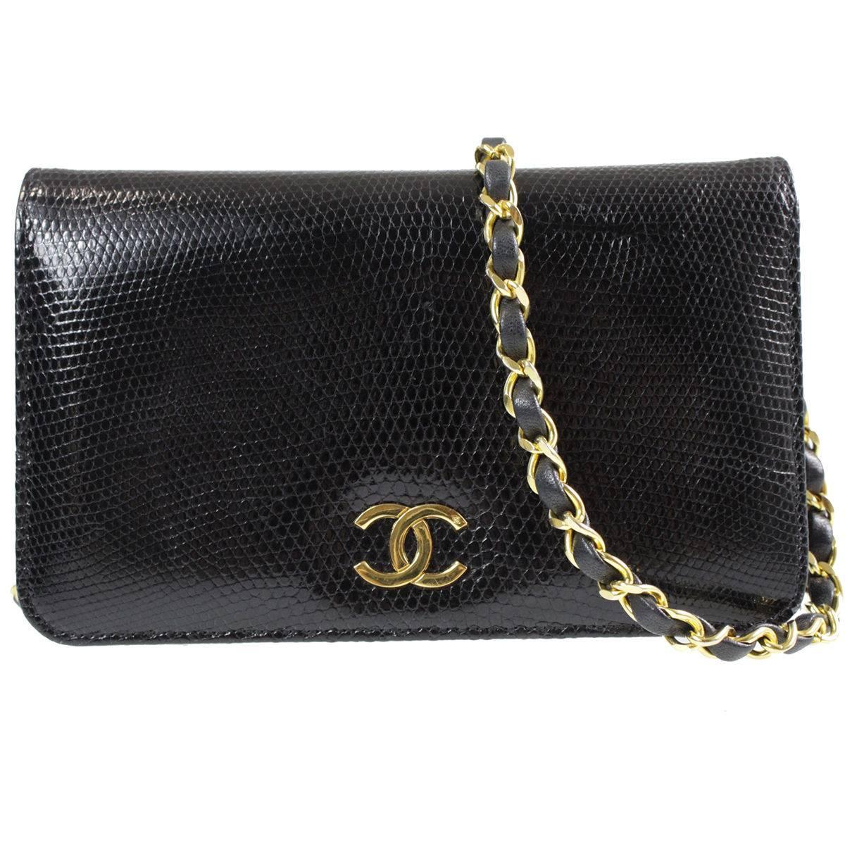 Chanel RARE Vintage Black Lizard Leather Gold CC Flap Crossbody Shoulder Bag