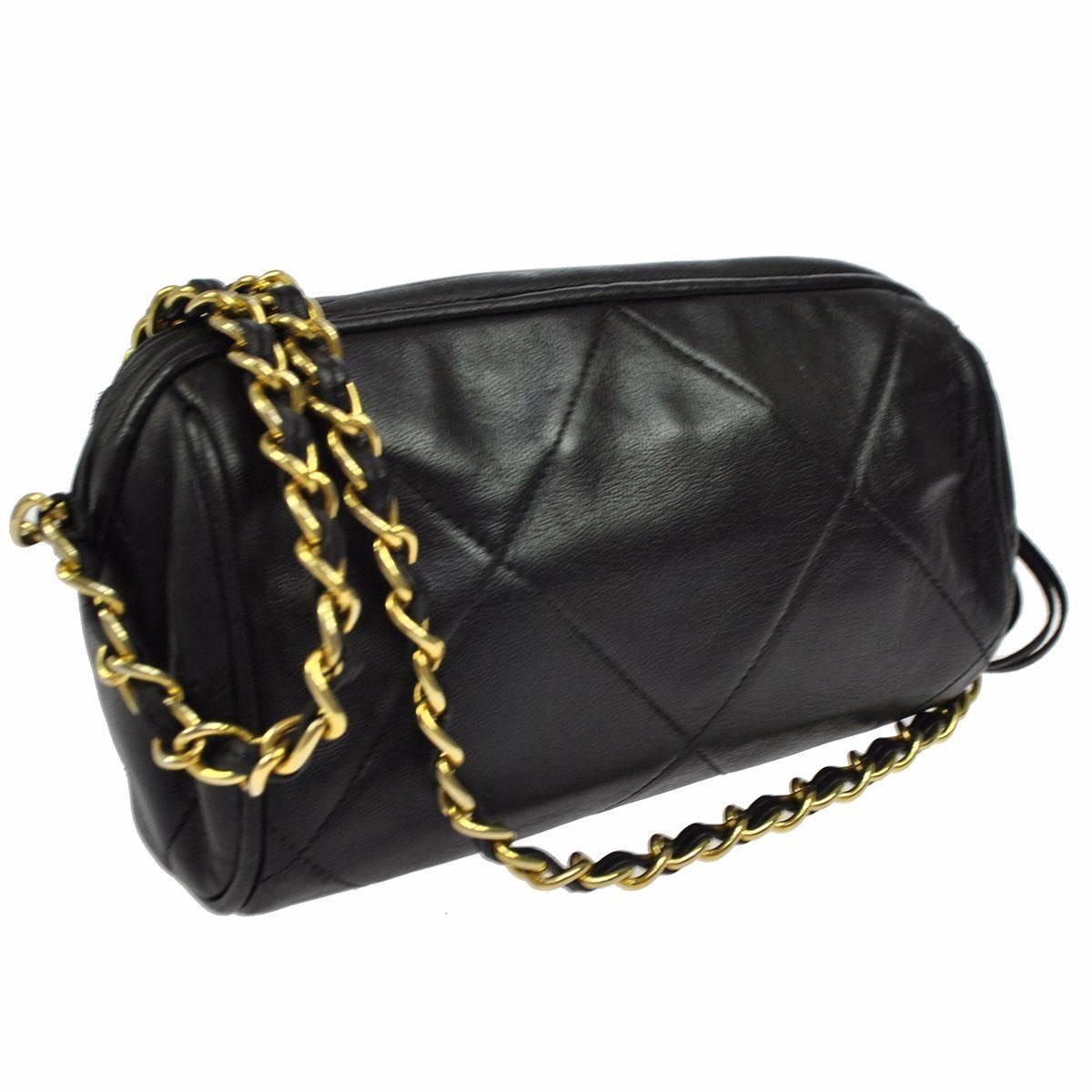Chanel Black Lambskin Quilted Gold Chain Barrel Evening Shoulder