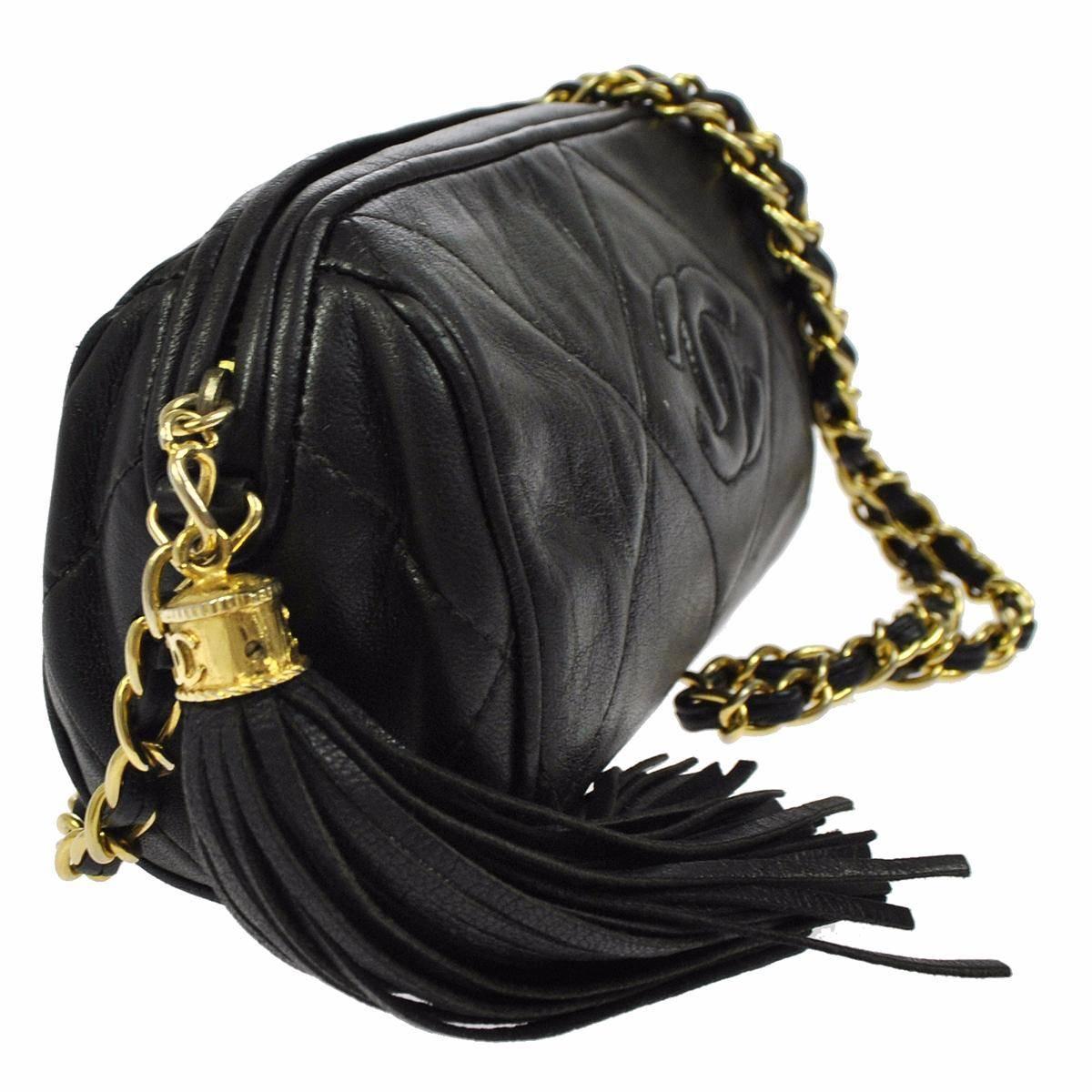 Chanel Black Lambskin Quilted Gold Chain Barrel Evening Shoulder Crossbody Bag at 1stdibs
