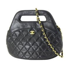 Vintage Chanel Black Lambskin Quilted Gold Chain Top Handle Satchel Crossbody Bag