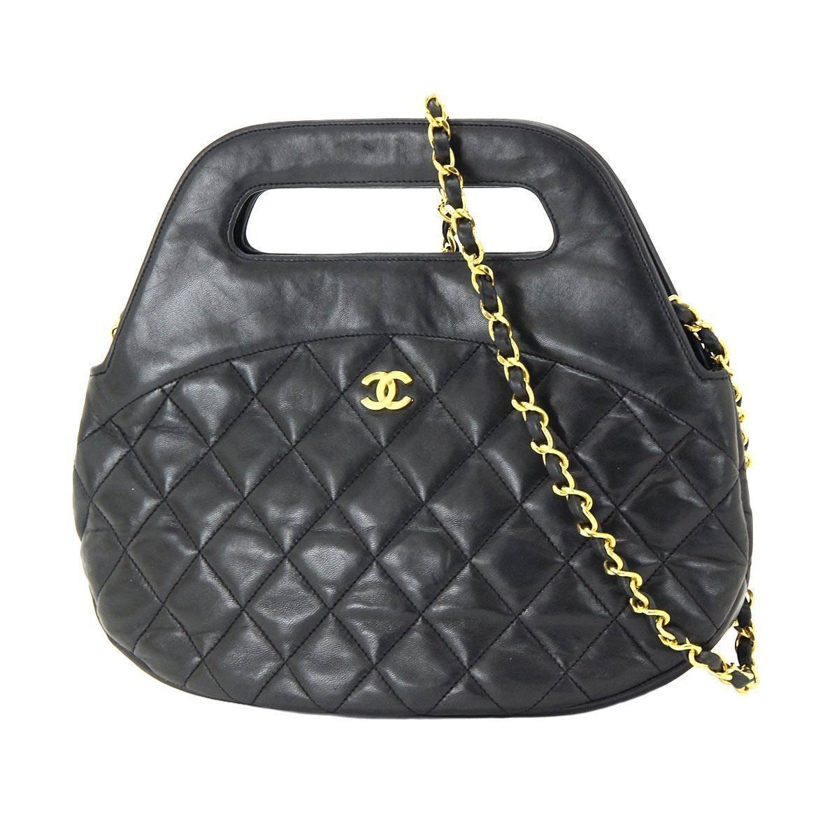 Chanel Black Lambskin Quilted Gold Chain Top Handle Satchel Crossbody Bag For Sale at 1stdibs