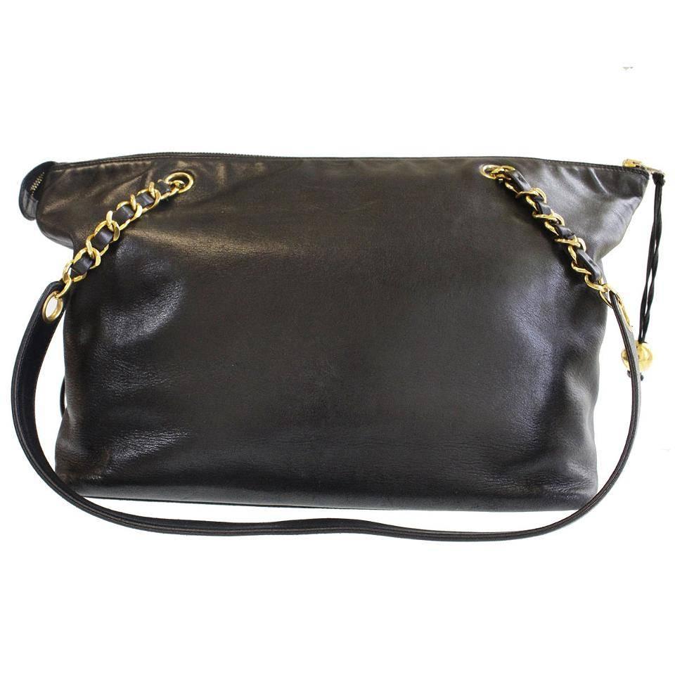Women's Chanel Black Leather Gold CC Chain Carry All Shopper Tote Shoulder Bag
