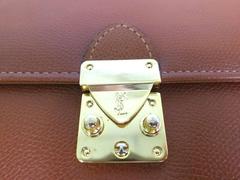 YSL Tan Cognac Leather Gold Men's Attache Briefcase Bag With Key & Strap