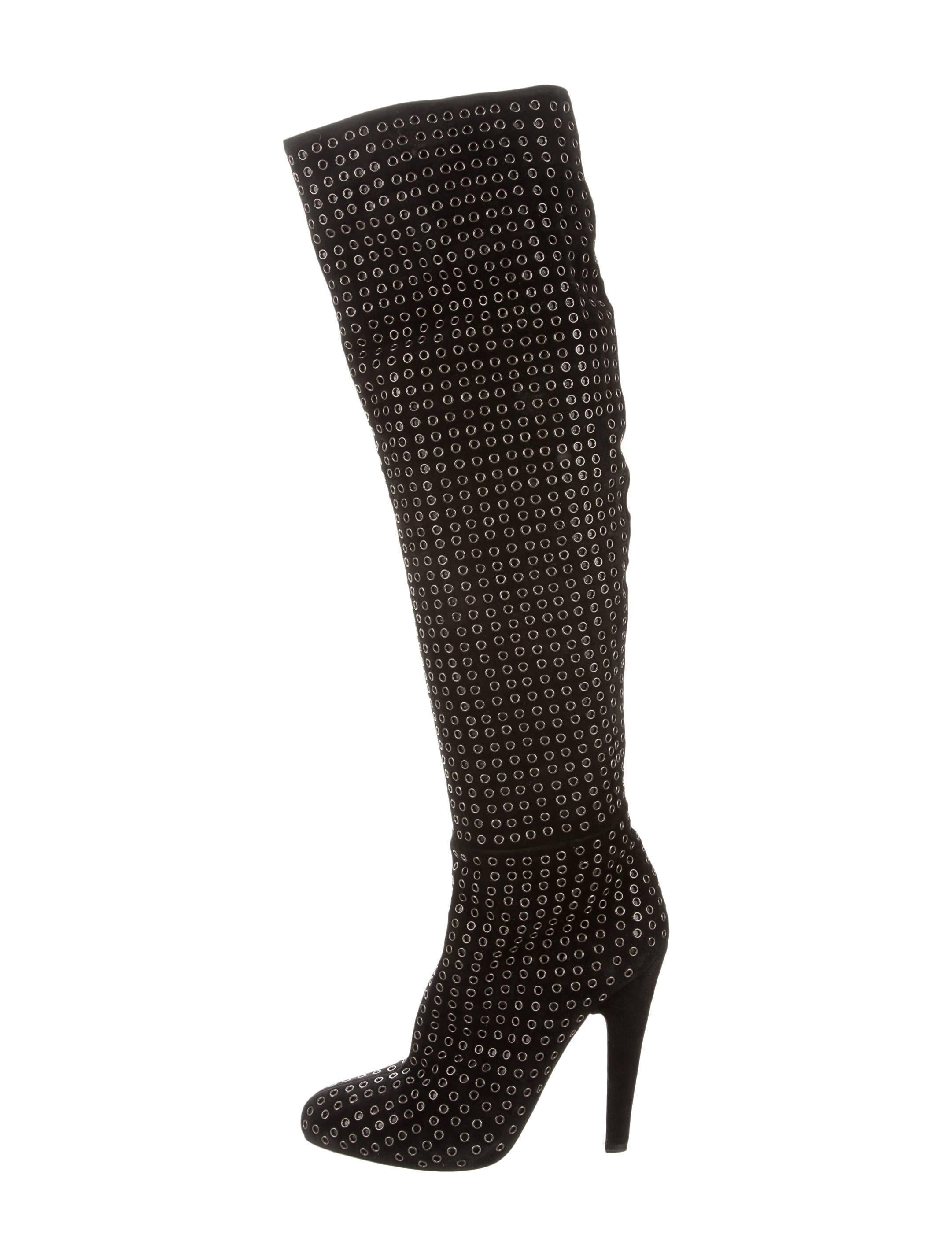 Women's Alaia NEW & SOLD OUT Black Suede Gunmetal Hardware Knee Boots in Dust Bag
