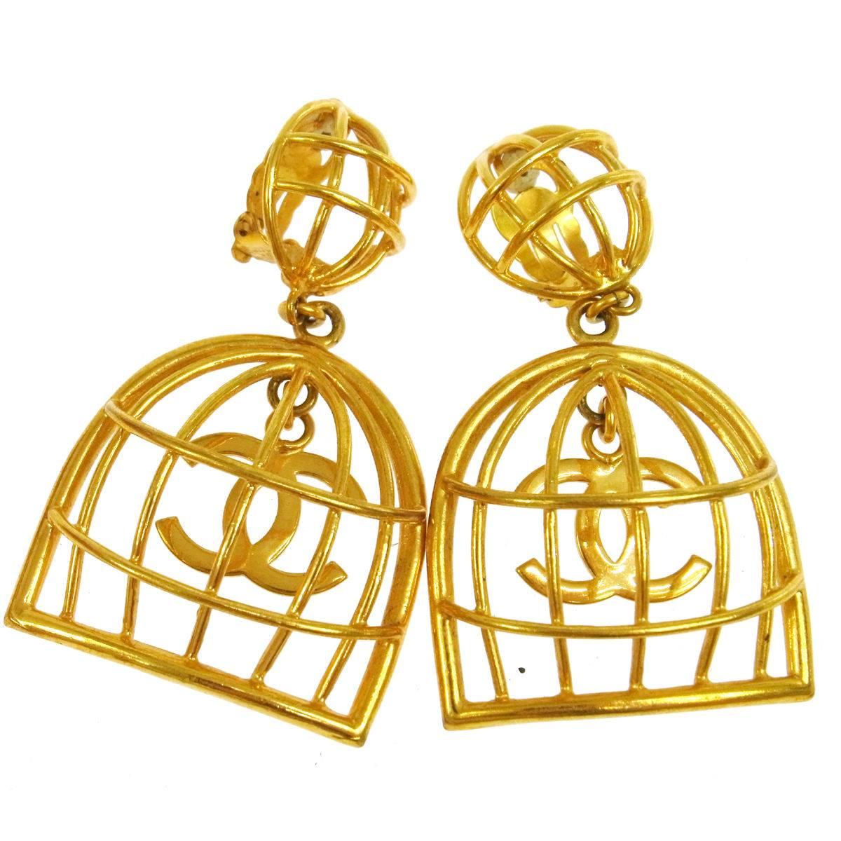 Chanel RARE Vintage Gold Large CC Cage Dangle Drop Earrings