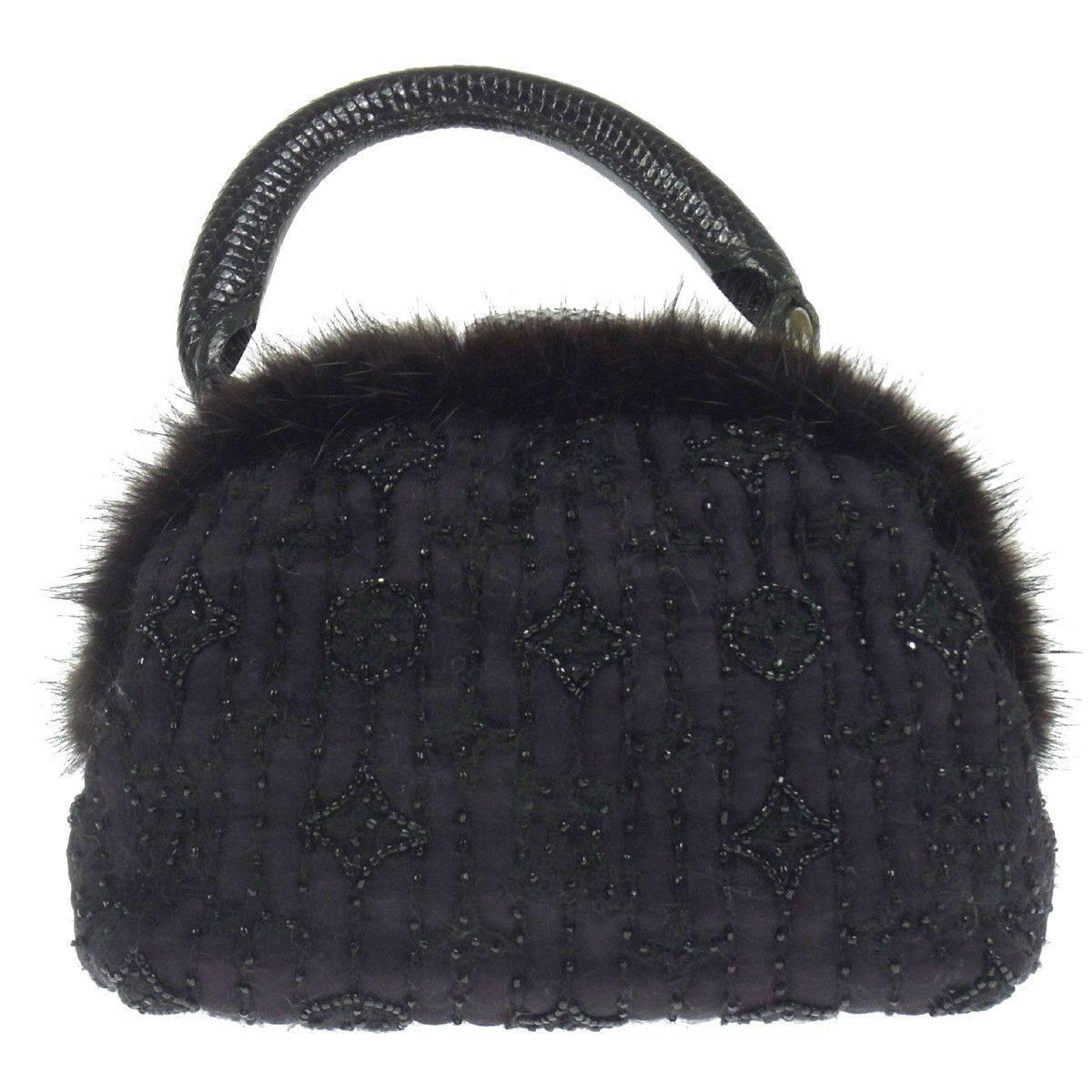 Louis Vuitton Limited Edition Monogram Beaded Fur Top Handle Satchel Evening Bag For Sale at 1stdibs