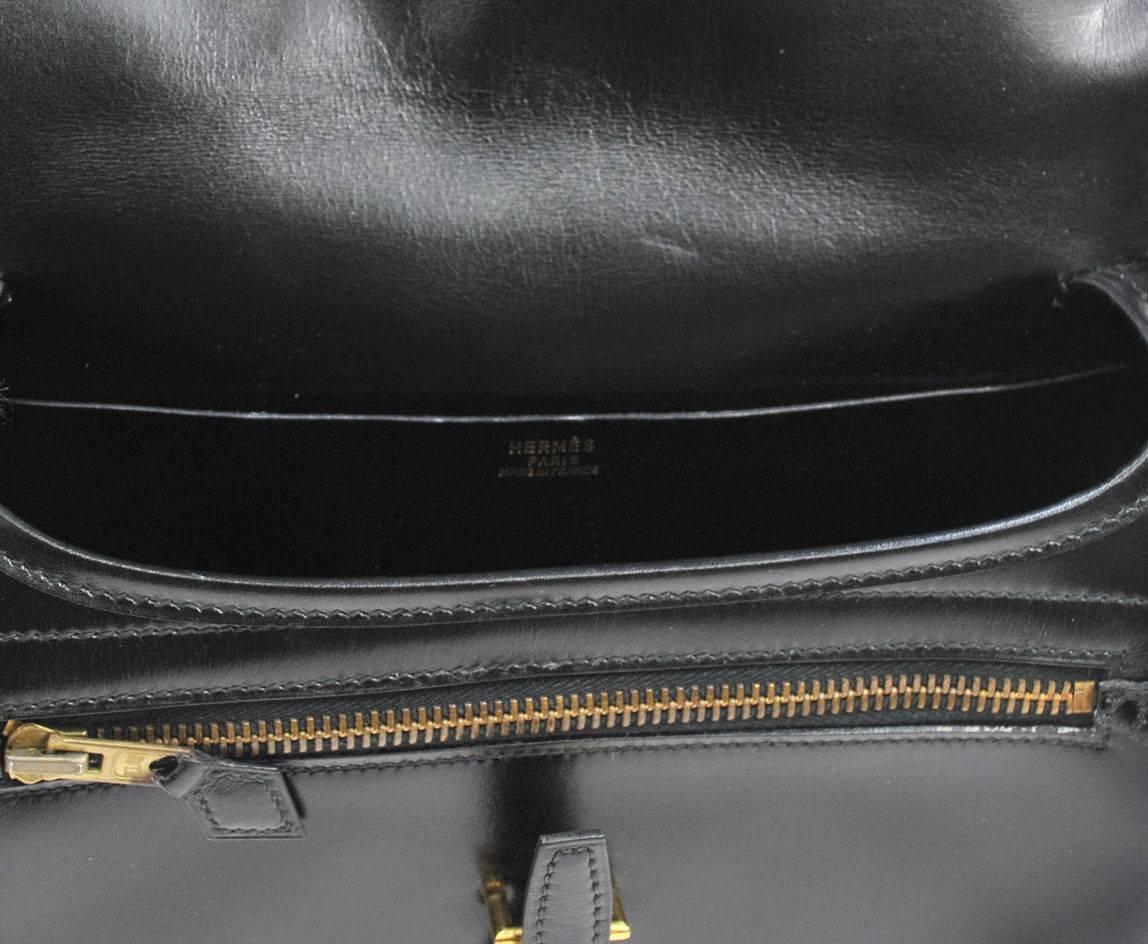 Hermes Vintage Black Leather Gold Hardware Evening Shoulder Crossbody Flap Bag In Good Condition In Chicago, IL