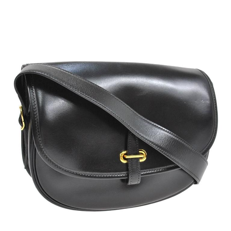 Hermes Vintage Black Leather Gold Hardware Evening Shoulder Crossbody Flap  Bag at 1stDibs