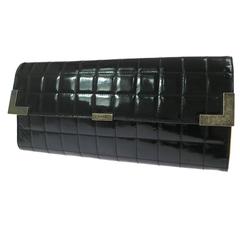 Chanel Black Patent Leather Quilted Long Envelope Evening Clutch Flap Bag