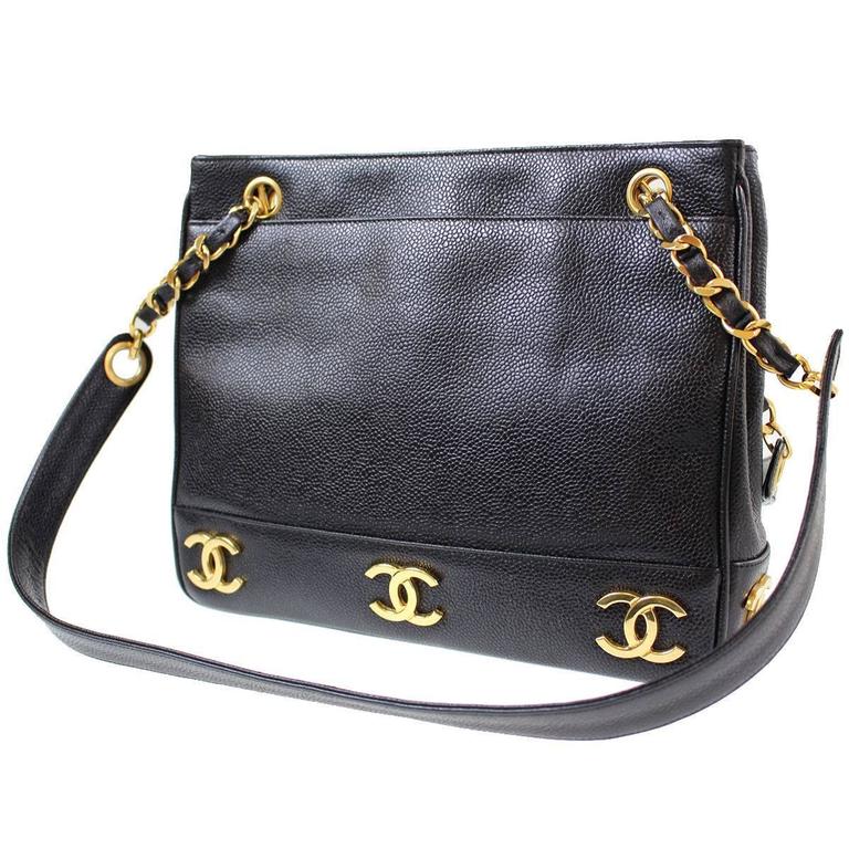 Chanel Vintage Black Caviar Leather Gold Charms Chain Shoulder Shopper Tote Bag at 1stdibs