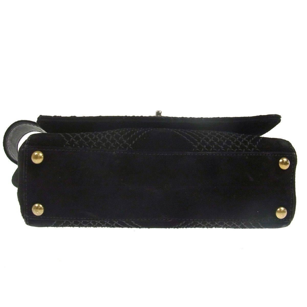 Women's Chanel Black Suede Cross Stitch Gold Hardware Turnlock Shoulder Flap Bag