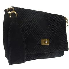 Chanel Black Suede Cross Stitch Gold Hardware Turnlock Shoulder Flap Bag
