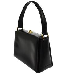 Vintage Gucci Black Leather Gold Twist Lock Top Handle Satchel Bag