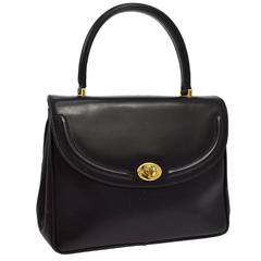 Vintage Gucci Black Leather Gold Turnlock Top Handle Satchel Kelly Style Flap Bag