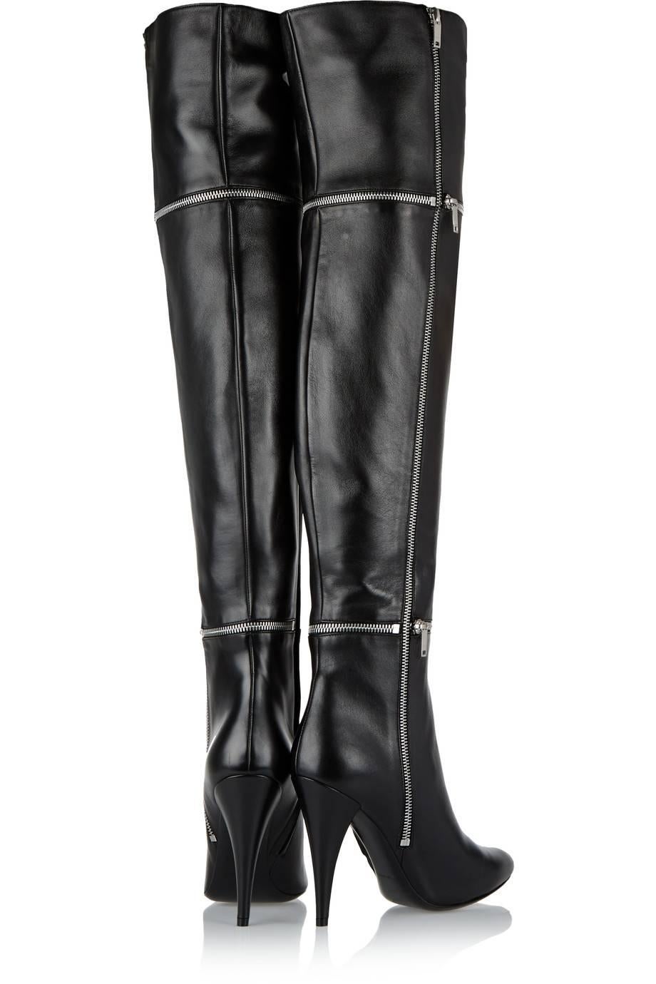 Women's Saint Laurent NEW Black Leather Zipper Over the Knee Heels Boots in Box