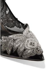 Oscar de la Renta NEW Black Silver Bead Mesh Patent Leather Heels Pumps in Box