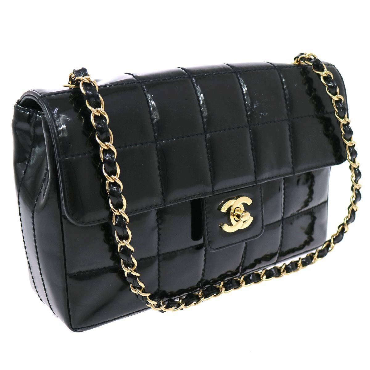 Chanel Black Patent Leather Quilted Chocolate Bar Gold Evening Shoulder Bag