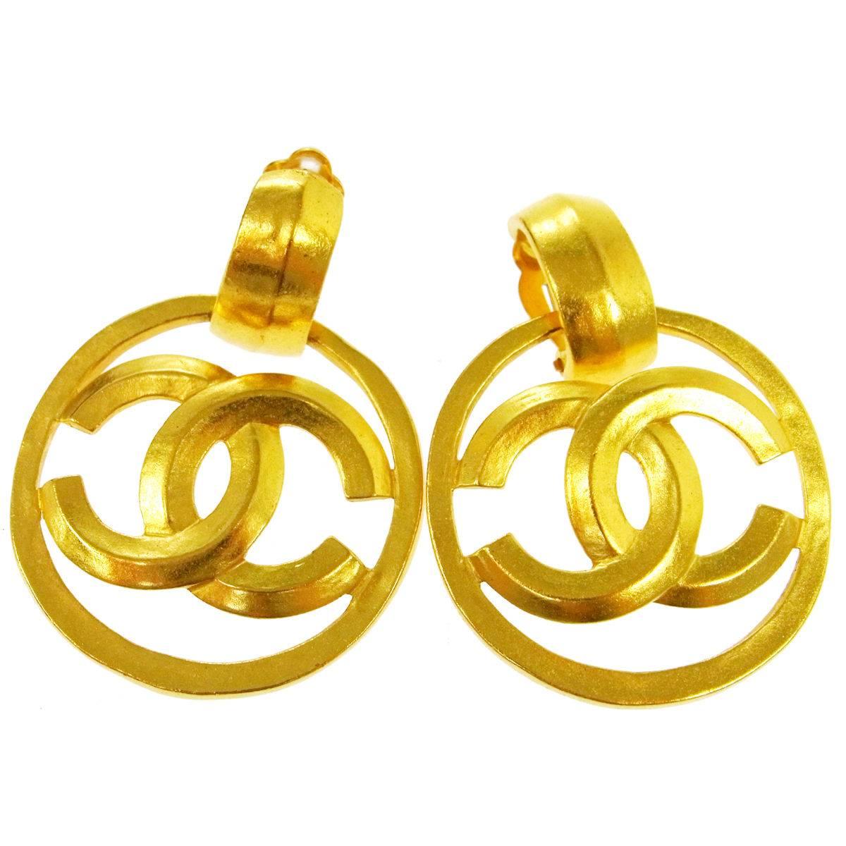 Chanel Vintage Gold Charm Round Circle Hoop Doorknocker Large Dangle Earrings