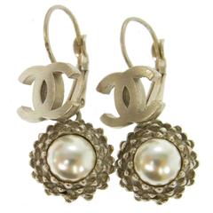 Chanel Silver Charm Pearl Round Drop Dangle Day Evening Earrings