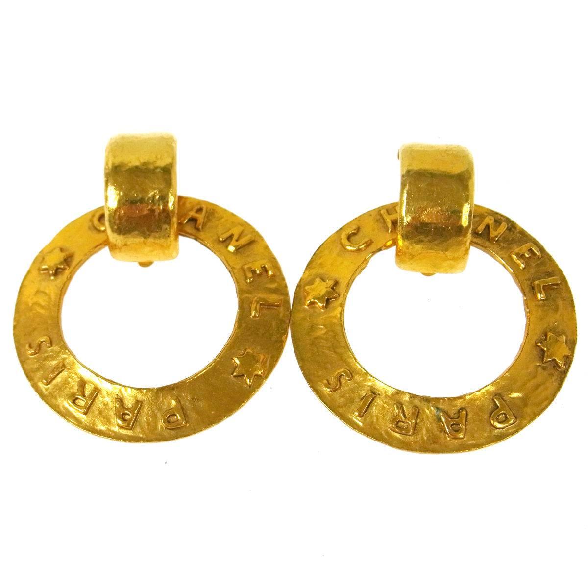 Chanel Vintage Gold 'Chanel Paris' Round Two in One Dangle Doorknocker Earrings