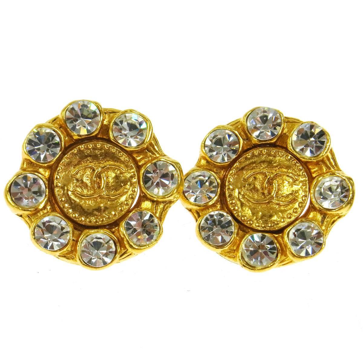 Chanel Vintage Gold Camellia Jewel Starburst Round Stud Earrings