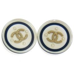 chanel denim earrings Chanel White Navy Blue Gold Pearl Round Button Stud Earrings