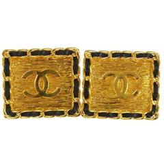 Chanel Vintage Rare Gold Chain Link Black Leather Square Stud Earrings 4