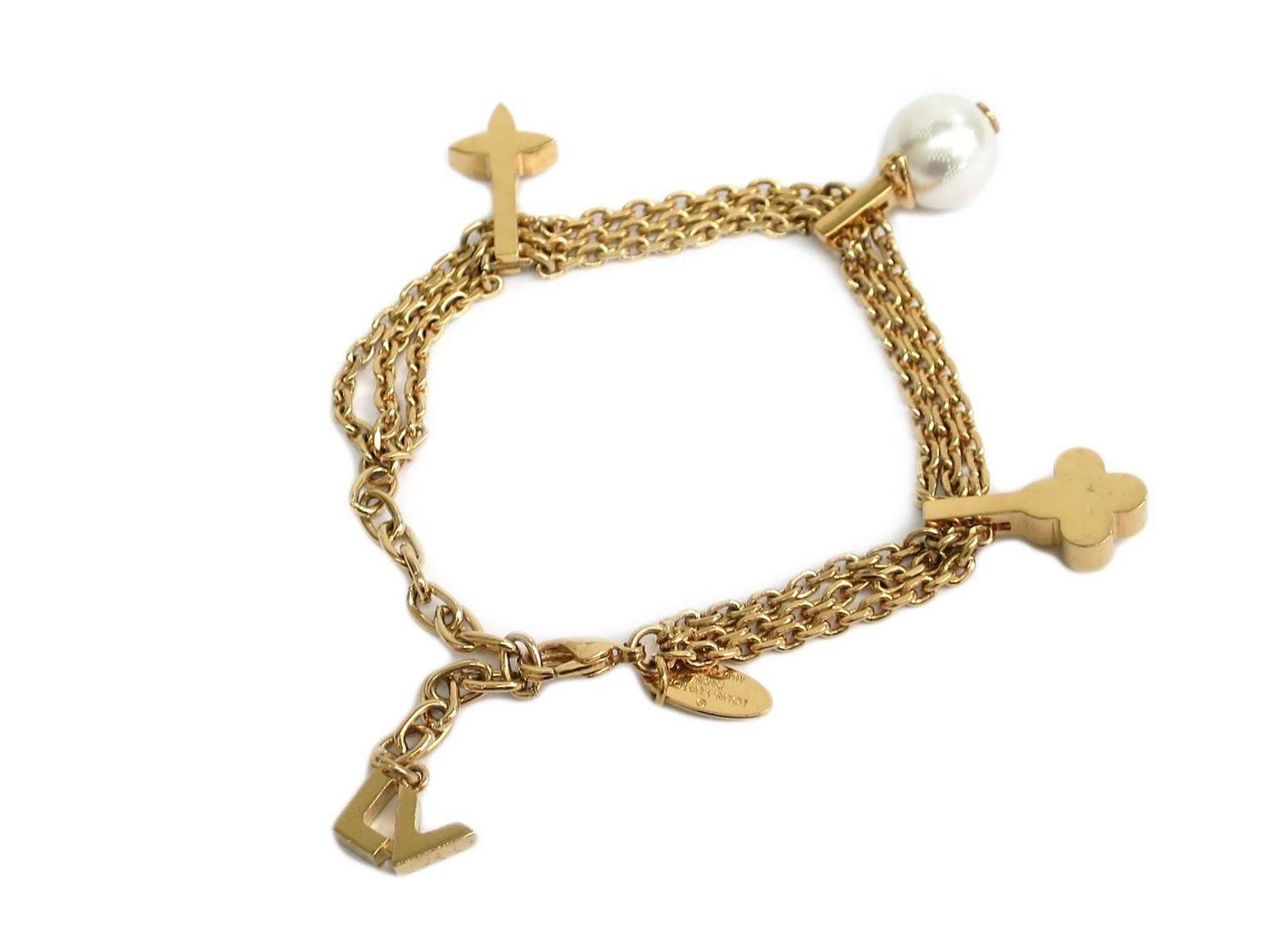 Louis Vuitton LV Logo Gold Chain Link Damier Monogram Flower Bracelet in Box at 1stdibs